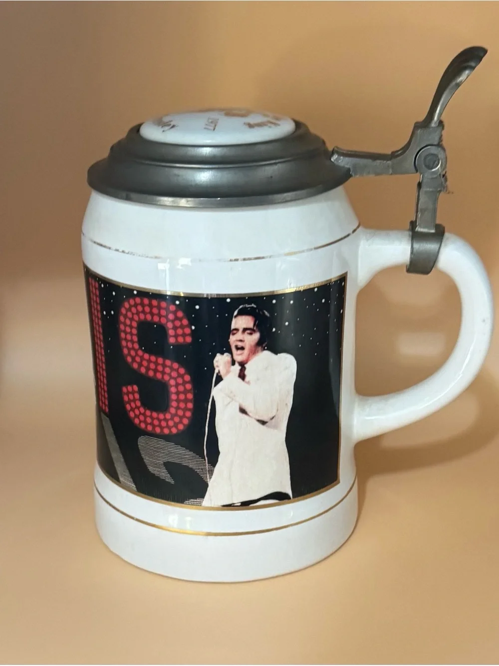 White and Black Ceramic Stein with Pewter Lid - Elvis Design